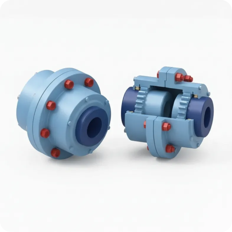 3D-визуализация зубчатой муфты в минималистичном стиле. Слева представлен внешний вид устройства с фланцевым соединением на болтах, справа &mdash; его продольный разрез, демонстрирующий внутреннее устройство: зубчатые зацепления втулок и корпуса.