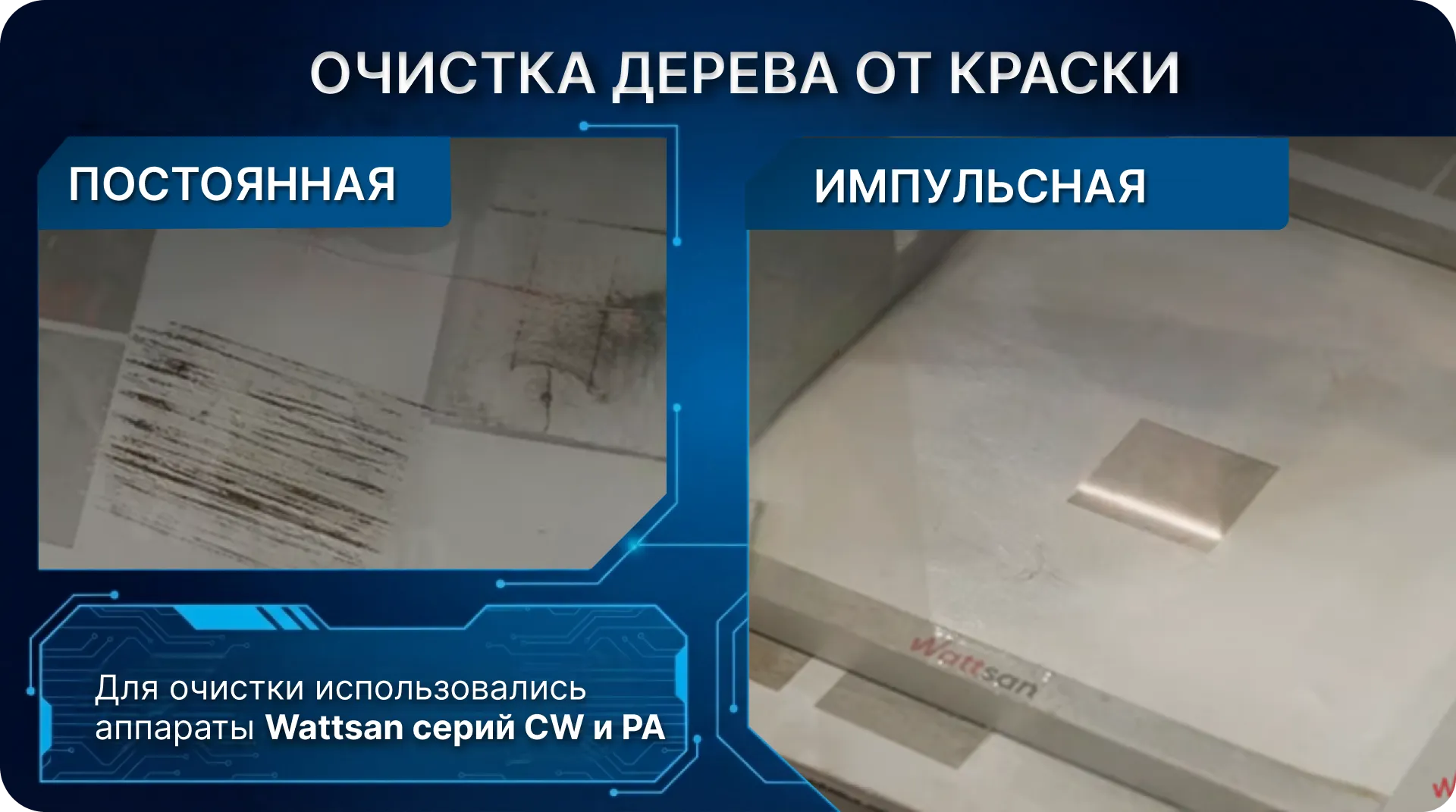 Сравнение постоянной и импульсной лазерной очистки дерева от краски на аппаратах Wattsan.