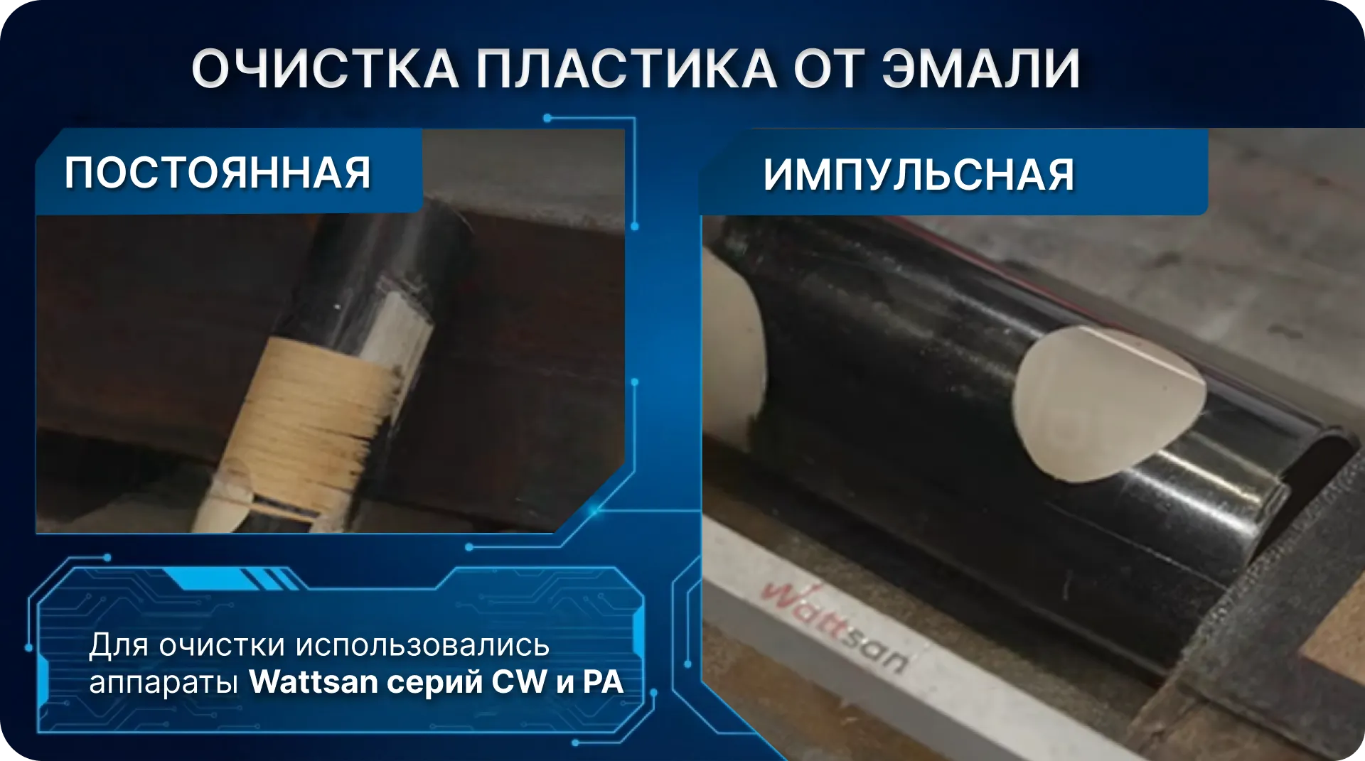 Очистка пластика от эмали: сравнение работы постоянного и импульсного лазеров Wattsan.