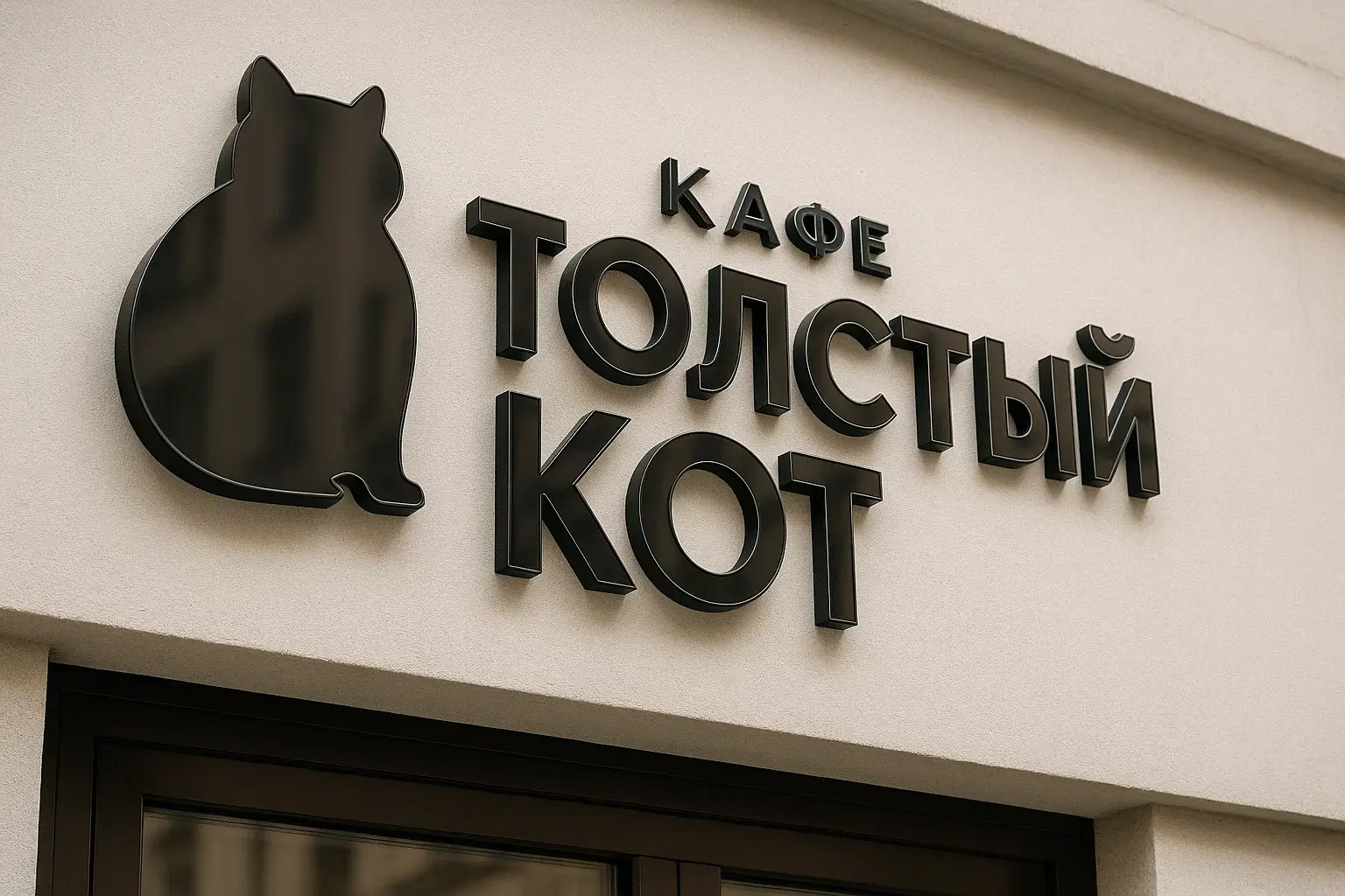 Вывеска кафе "Толстый Кот" с силуэтом кота, выполненная из черного материала с помощью лазерной резки.