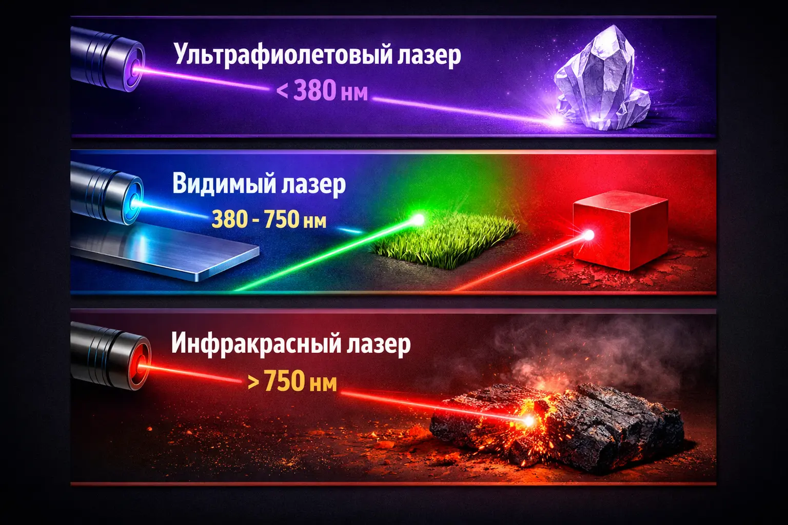 Современная инфографика с тремя типами лазеров: ультрафиолетовый лазер с длиной волны менее 380 нм, видимый лазер 380&ndash;750 нм с лучами разных цветов и инфракрасный лазер более 750 нм, оказывающий тепловое воздействие на материал.