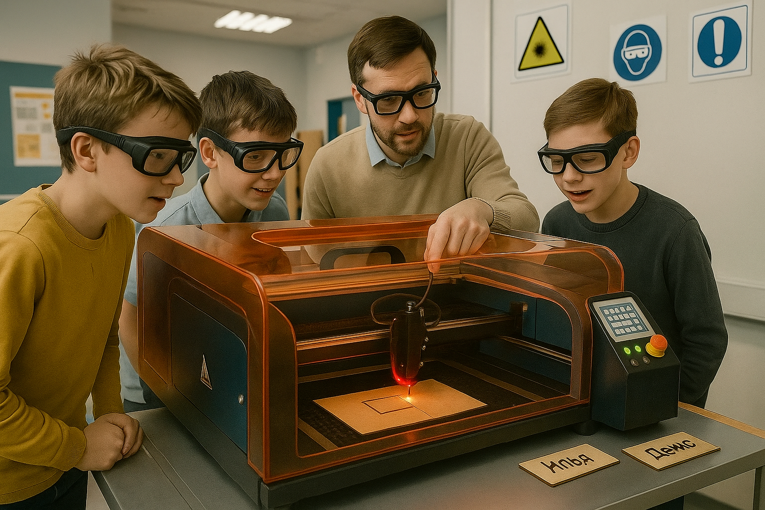 На уроке технологии учитель показывает как работает лазерный станок лазерной резки СО2 с ЧПУ