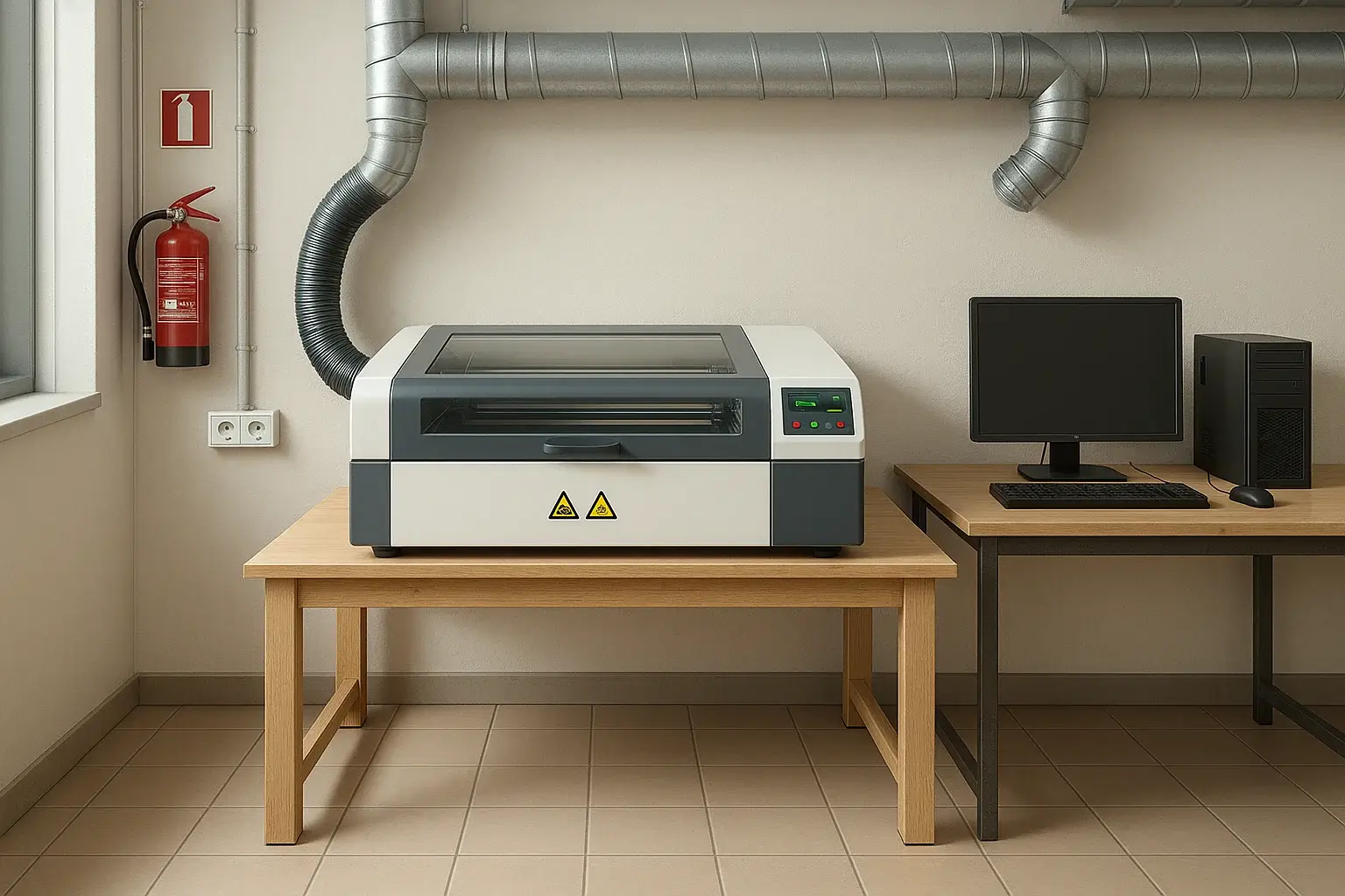 Лазерный станок лазерной резки СО2 с ЧПУ установлен в кабинете труда