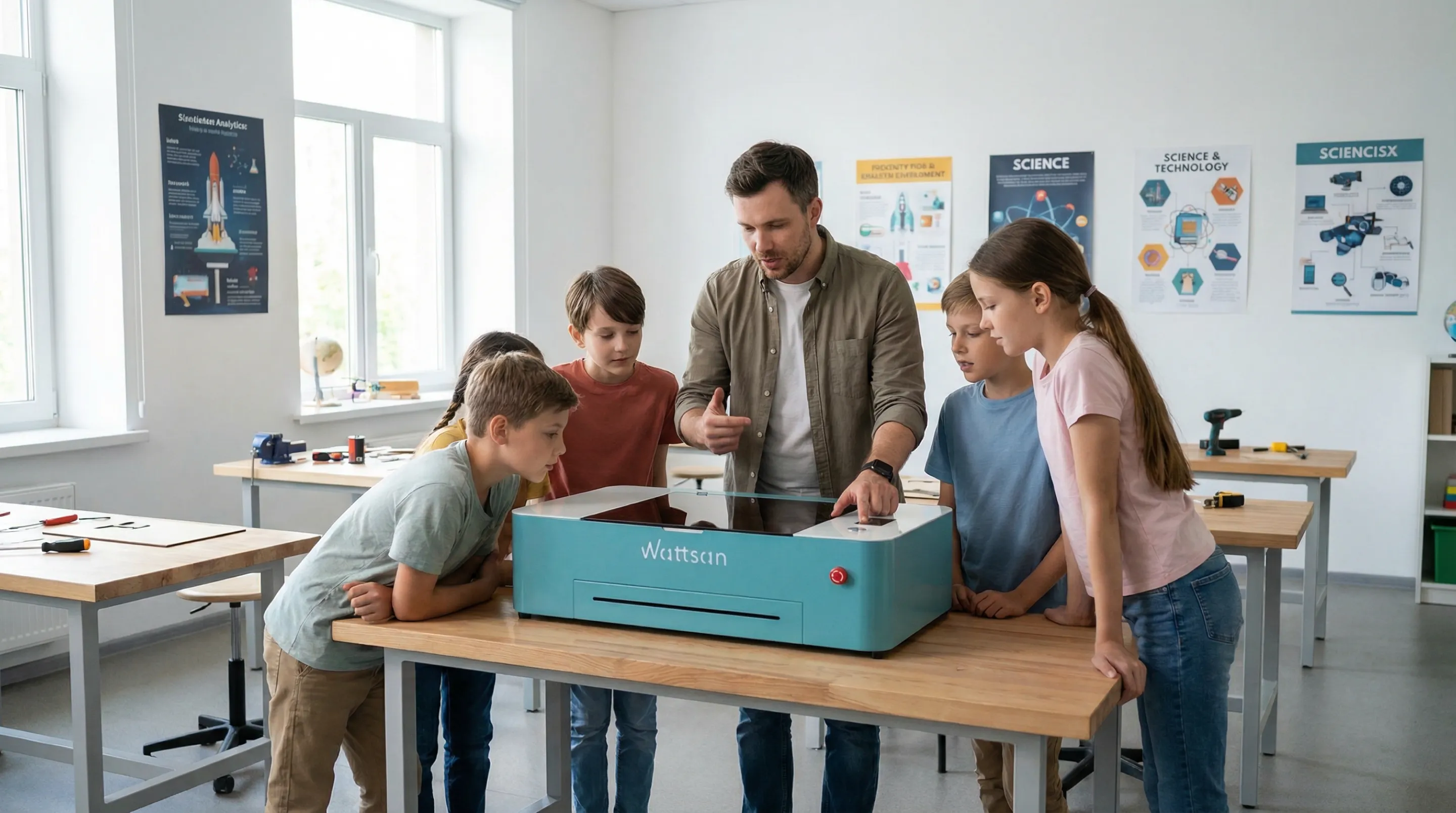 Урок технологии в школе: учитель и ученики работают на лазерном ЧПУ станке Wattsan для резки фанеры.