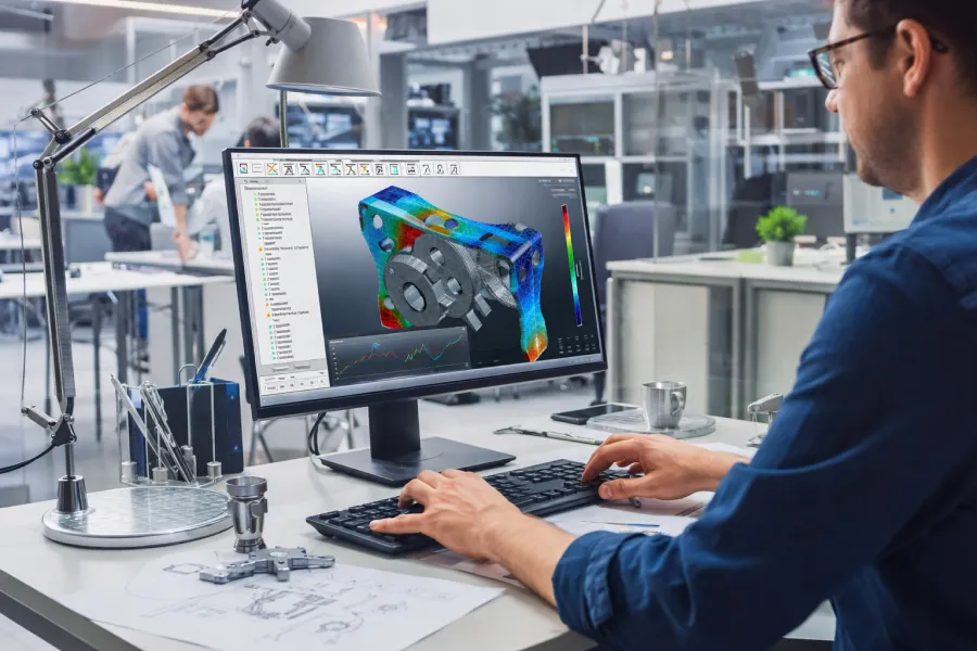 Инженер анализирует CAE-модель с картой напряжений на мониторе в современном офисе