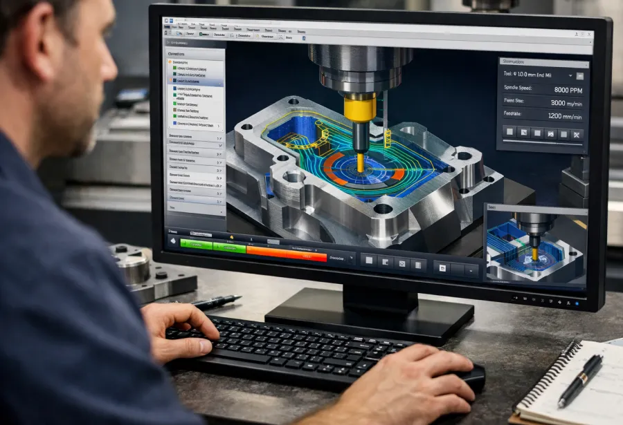 Инженер работает в CAM-системе за компьютером, на экране &mdash; 3D-модель детали и траектории обработки.