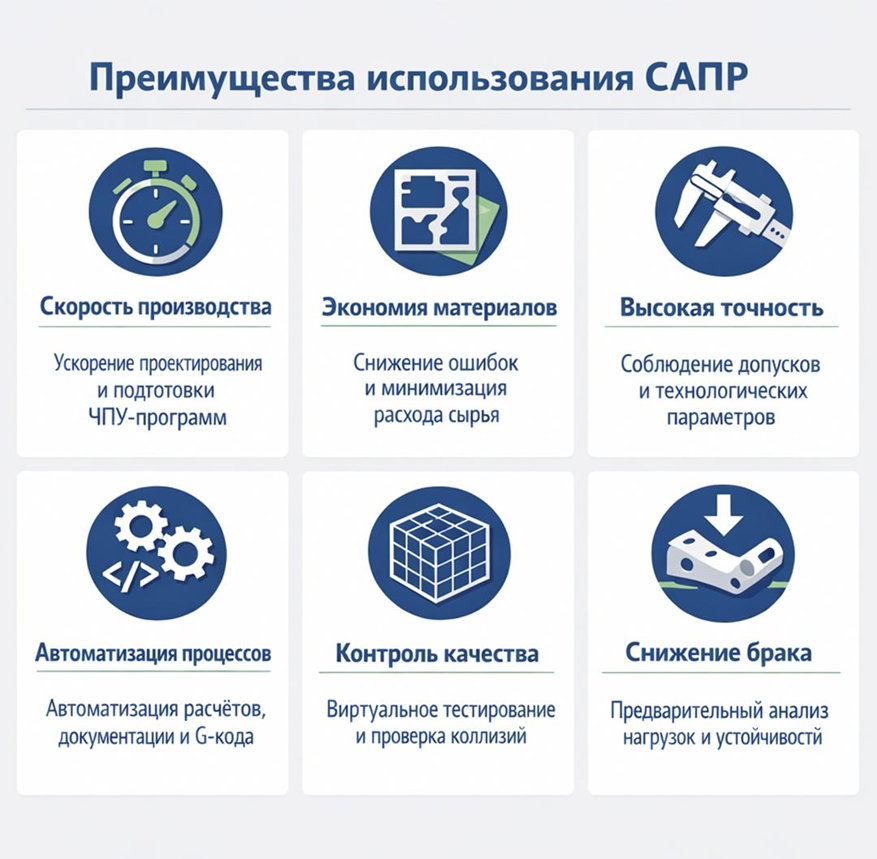 Ключевые преимущества САПР в проектировании и производстве: скорость, точность, автоматизация и снижение брака.