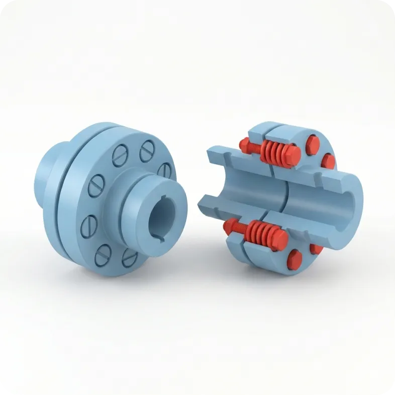 3D-визуализация механической упругой муфты в современном стиле. Слева показан внешний вид устройства в светло-голубом цвете, справа &mdash; его продольный разрез, открывающий внутренние детали: ярко-красные пружины и соединительные болты